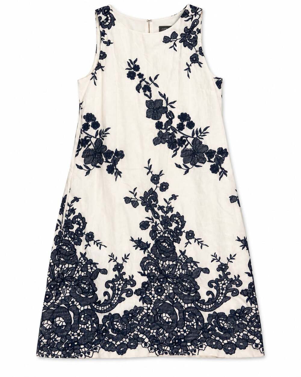 Donna Ricco White and Navy Blue Floral Lace Sleeveless Shift Dress